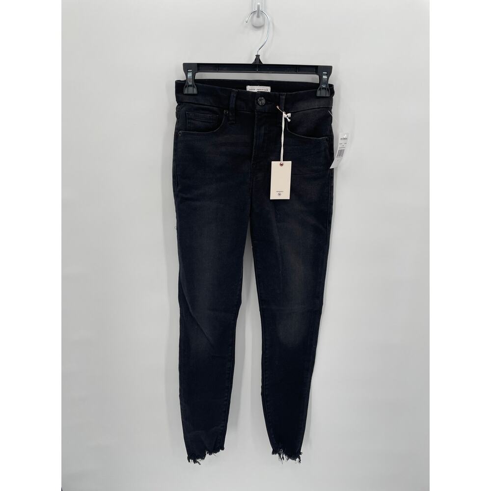 GOOD AMERICAN NWT Black Denim Good Legs Step Fray Hem Skinny Denim // 0 - Picture 2 of 9
